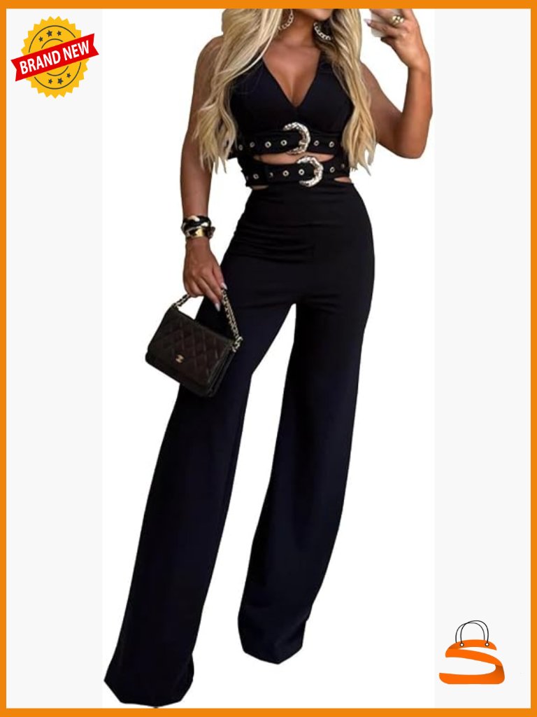 2 Piece Sleeveless V Neck Halter Top Wide Leg Pant Set